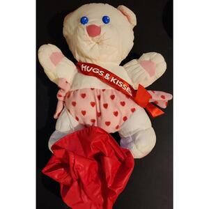 9" Vintage White Teddy Bear Plush - "Hugs & Kisses" Red Hearts Stuffed Animal